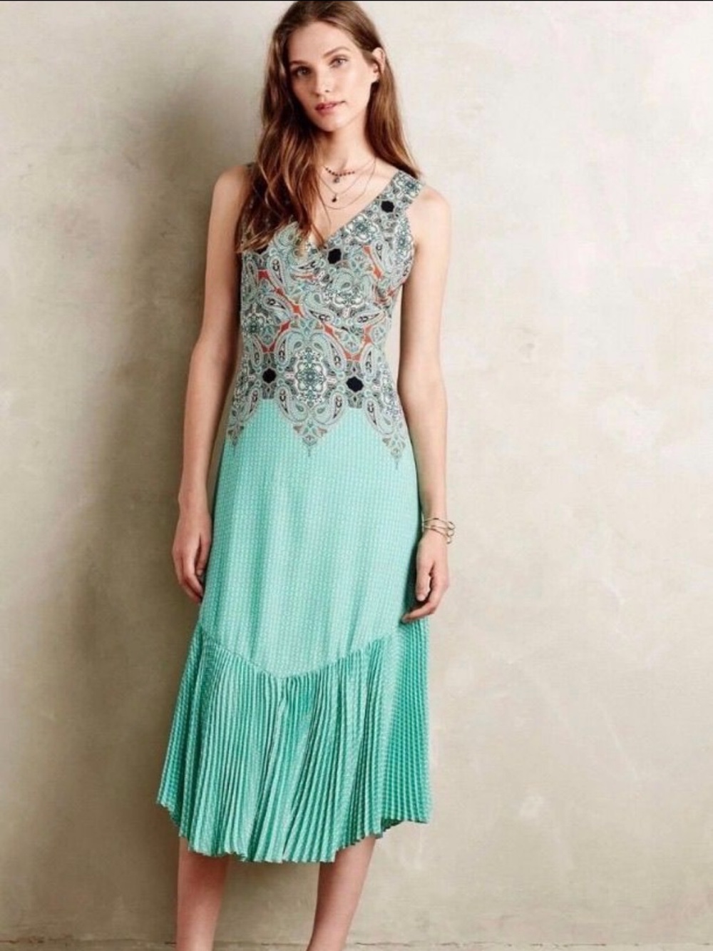Maeve Mint Green Printed V-Neck Midi Dress